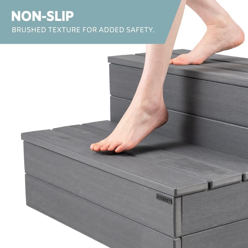 Hot Tub Steps - Wood-Looking Plastic, 100% Waterproof, Gray Non-Slip, Heavy Duty Outdoor Spa Stairs - Multi-Use for Porch, Fits Any Size