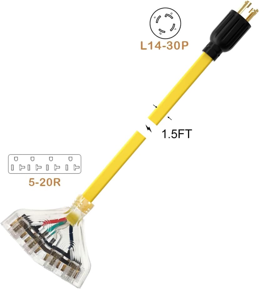 ACKING 30 Amp NEMA L14-30/Four 5-20R Generator Locking Cord, 4-Prong 10 Gauge Cord to Household Cable,Generator Adapter, 125/250V 30 Amp 7500 Watts UL Listed, 1.5FT