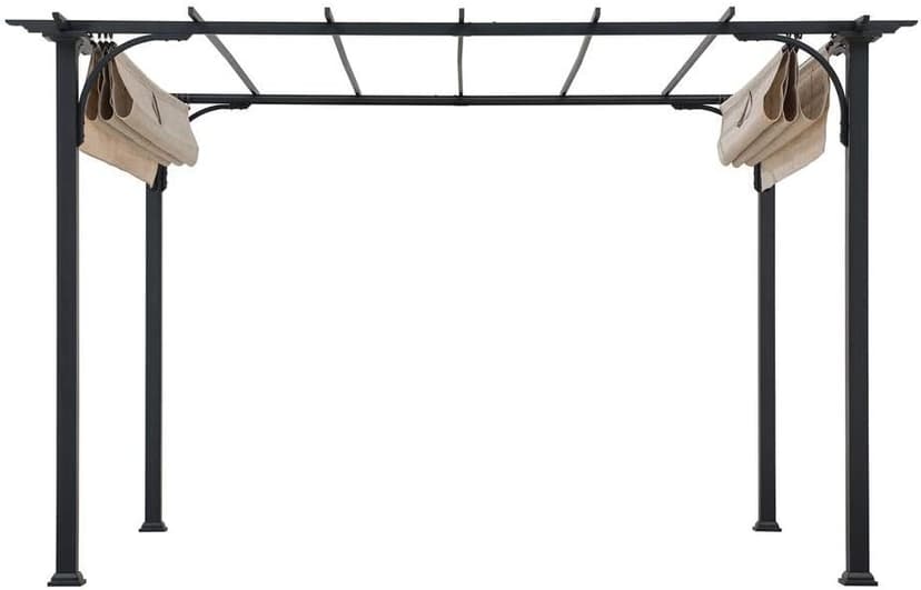 Sunjoy Outdoor Pergola 9 x 12 ft. Patio Black Steel Frame Pergola with Retractable Beige Canopy Shade for Backyard, Garden Activities