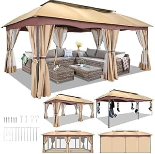 HOTEEL Gazebo 12x20, Outdoor Gazebo on Clearance with Double Ventilated Arc Roof, Privacy Curtains & Mosquito Netting, Easy Set up Canopy Tent with Stable Metal Frame for Patio, Khaki (Upgraded 2.0)