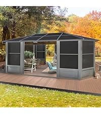 EROMMY 12' x 16' Sunroom, All-Season Gazebo Solarium with Sliding Doors, Lockable PC Screen Walls, Outdoor Permanent Sun Room with Galvanized Steel Roof, Aluminum Frame, for Garden, Patio, Deck