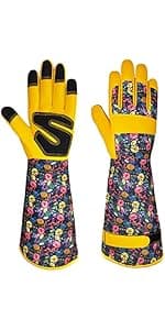 Gardening Gloves, Durable and Comfortable Women's Long Garden Gloves for Gardening Work and Yard Work, Leather Gardening Gloves for Women, Green Print (Medium)