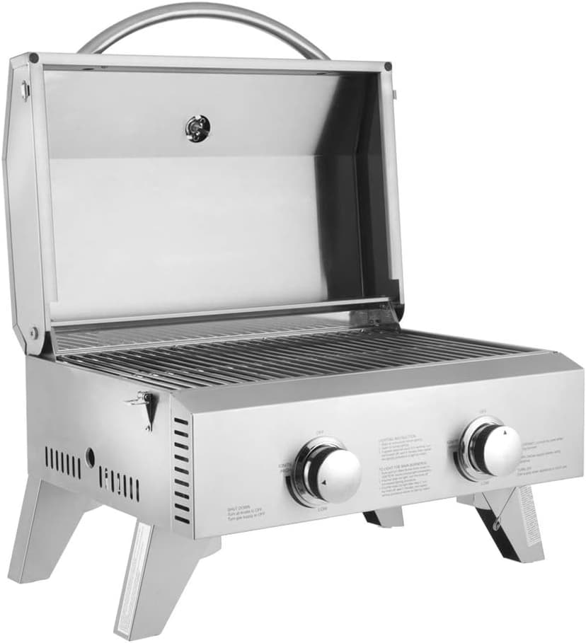 ROVSUN Portable Gas Grill with 2 Burner, 20,000BTU Large Tabletop Camping Propane Griddle for Outdoor Patio Garden BBQ Picnic Tailgating Trip Home Use with Stainless Steel Body, Regulator & Hose