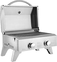 ROVSUN Portable Gas Grill with 2 Burner, 20,000BTU Large Tabletop Camping Propane Griddle for Outdoor Patio Garden BBQ Picnic Tailgating Trip Home Use with Stainless Steel Body, Regulator & Hose