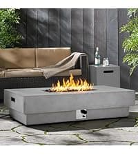2-Piece Outdoor Propane Fire Pit Table Set w/Tank Cover Table, 31.5-inch 50,000 BTU CSA Certification Bowl Concrete Firepit SUS201 Round Burner with Steel Lid, Lava Rocks, Rain Cover…