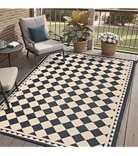 Outdoor Rug Mats, Large Waterproof Outdoor Area Rug, Reversible Portable Outdoor Plastic Straw Carpet for RV Deck Camping Front Door Indoor Outside Porch Picnic (5x8ft Geometric Black&White)