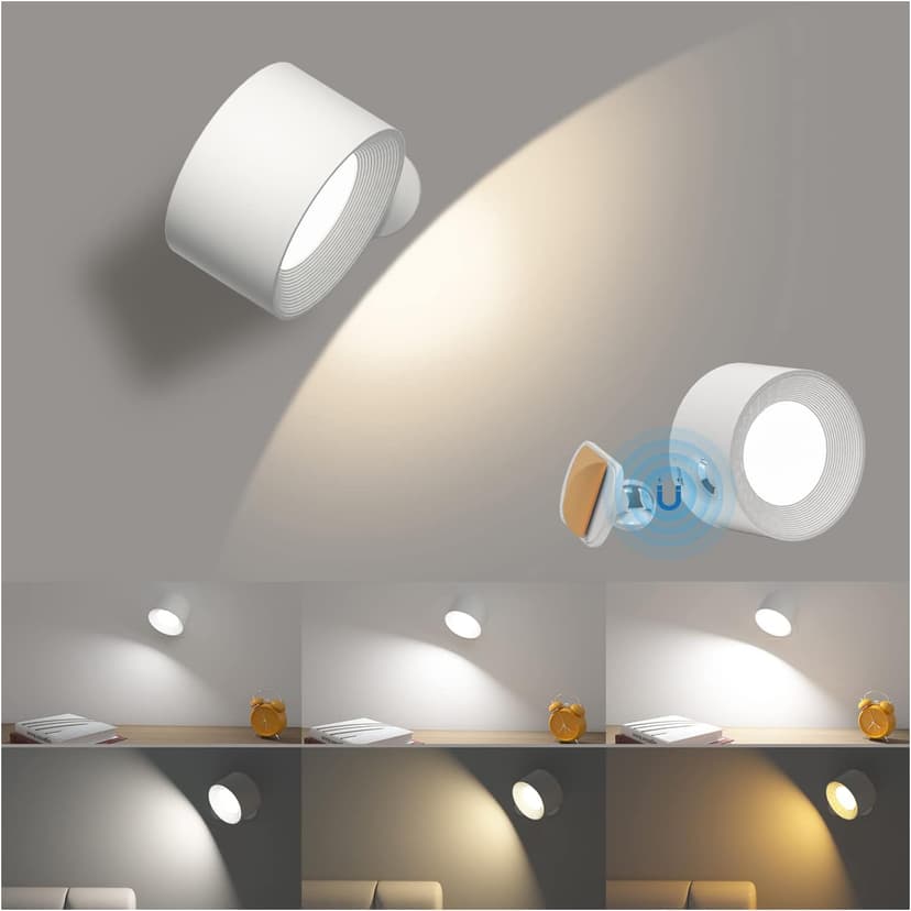 Battery Operated Wall Light, LED Lamp with 360°Adjustable Lighting Indoor Light 3 Color Modes Brightness Levels Touch Control, Mounted for Bedroom Reading Bedside-1Pack White