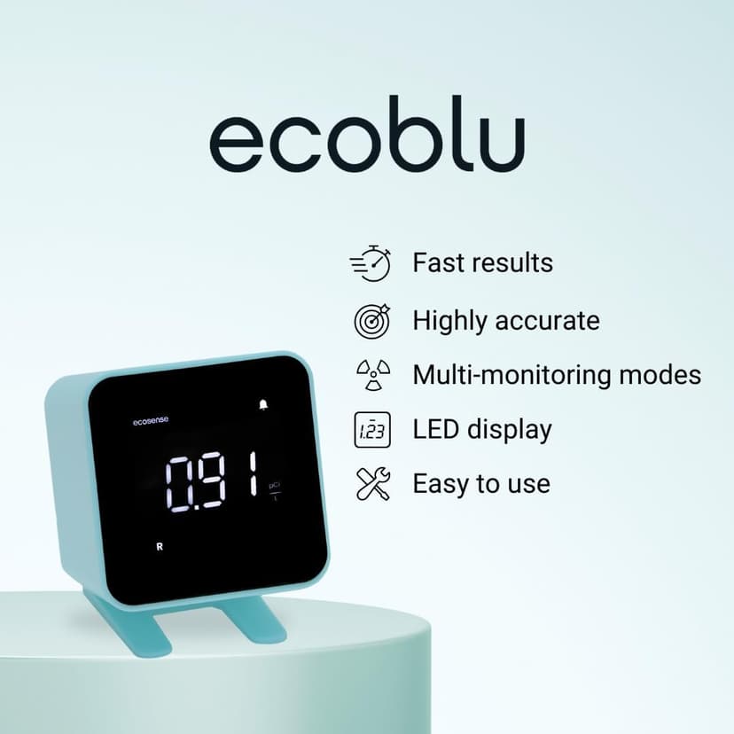 Ecosense EB100 EcoBlu, Home Radon Detector, Capture & Display Results Every 10 Minutes, Short & Long-Term Continuous Monitoring, Easy to Use