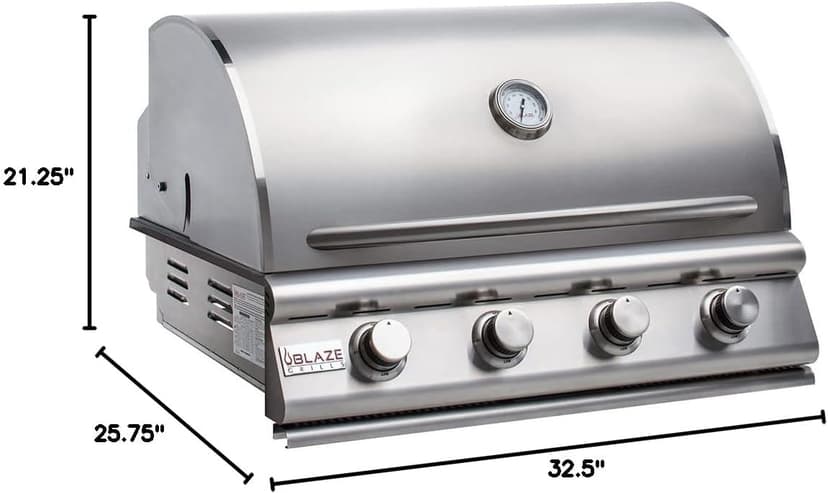 Blaze Prelude LBM 32-Inch 4-Burner Built-in Natural Gas Stainless Steel Grill with Flame-Stabilizing Grids, Heat Zone Separators, Drip Tray and Hood