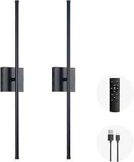 LED Wireless Wall Sconce with Remote Control (Set of Two), USB Rechargeable Battery Powered Indoor Wall Lamps, Dimmable, 360° Rotate,Timing, 28.3 inch Black Wall Lights for Hallway/Living Room/Bedroom
