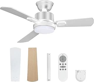 32" Ceiling Fans with Light and Remote, Energy Saving Super Quiet 6-Speed Ceiling Fan with 3CCT Dimmable Light for Indoor and Outdoor, Reversible, White and Wood