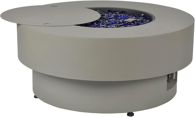 Propane Outdoor Fire Pit Table, Flint & Concrete Look 33-inch Round Patio Gas Fire Table 50,000 BTU w/Lid, Fire Glass, Heavy Duty Rain Cover, Pre-Attached 10ft Propane Hose