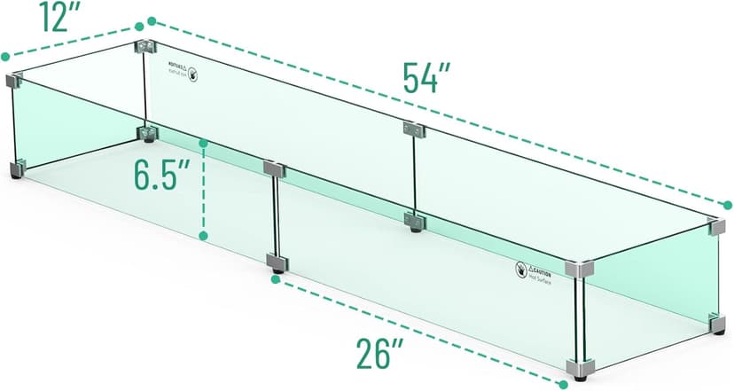 Skyflame Fire Pit Table Glass Wind Guard - 54" x 12", Thick Linear Heat-Resistant Tempered Glass Flame Shields with Hard Aluminum Corner Brackets and Rubber Feet for Propane, Gas, Outdoor
