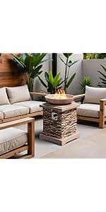 SUNBURY Outdoor Fire Pit Propane Round Fire Pit Table Fire Column, Stonecrest 40,000 BTU Gas Fire Pits for Outside w Lava Rocks, Waterproof Cover, CSA Certified