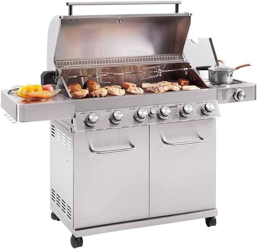 Monument Grills 77352 6-Burner Stainless Steel Cabinet Style Propane Gas Grill with Knob Controls, Side Burner, Built-In Thermometer, and Rotisserie Kit