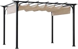 Sunjoy Outdoor Pergola 9 x 12 ft. Patio Black Steel Frame Pergola with Retractable Beige Canopy Shade for Backyard, Garden Activities