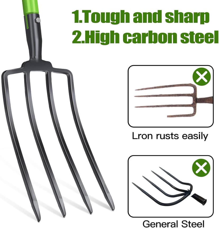 Heavy Duty Pitchfork,Garden Forks for Digging Compost Spading, 4-Tines Pitch Fork with High-Carbon Steel Handle, 45 inches Digging Fork(with Protective Gloves)