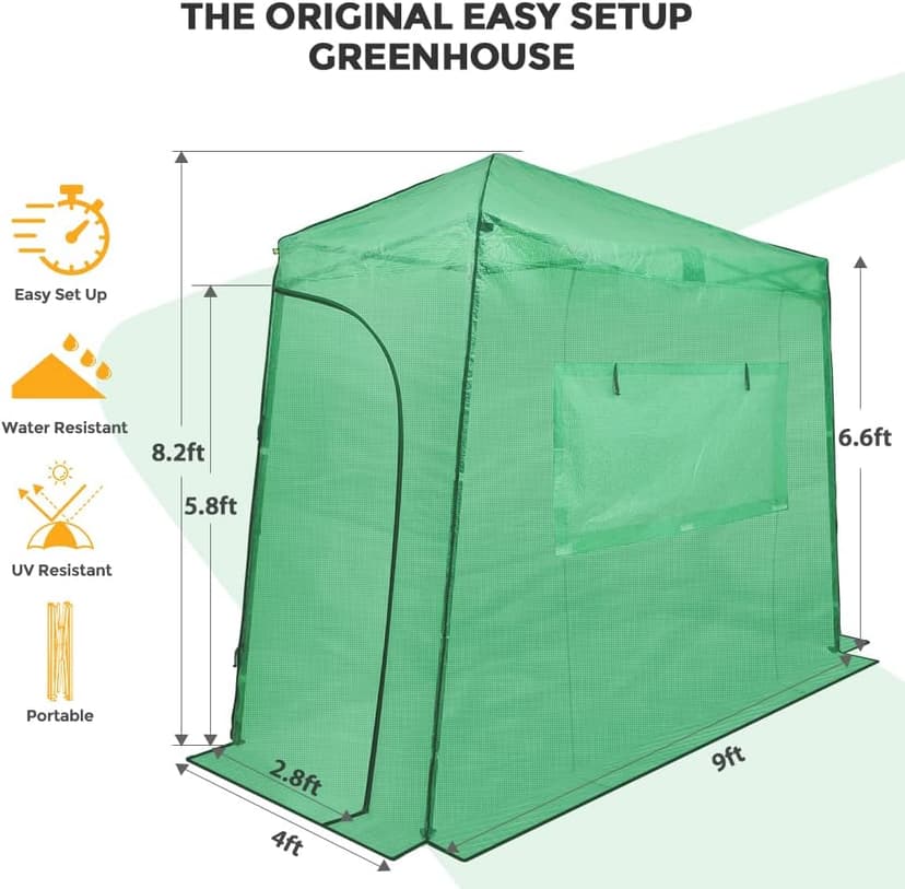 EAGLE PEAK 9x4 Lean-to Portable Walk-in Greenhouse, Pop-up Indoor Outdoor Garden Green House, Zippered Doors and Window, PE Cover, Green