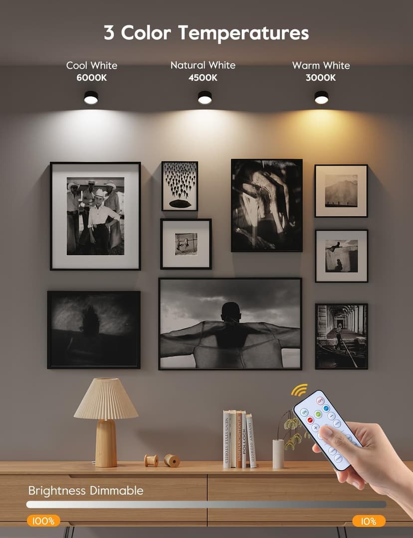 Brightown LED Magnetic Wall Sconce Lights, 2 Pack USB Rechargeable Wall Mounted Lights with Remote, 3 Lighting Colors and Dimmable, 360° Rotation Cordless Wall Mount Lamp for Bedroom, Black