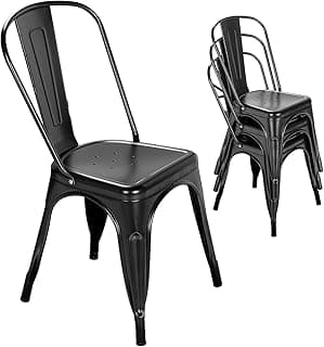 Nazhura Metal Dining Chair Farmhouse Tolix Style for Kitchen Dining Room Café Restaurant Bistro Patio, 18 Inch, Stackable, Waterproof Indoor/Outdoor (Sets of 4) (Black)