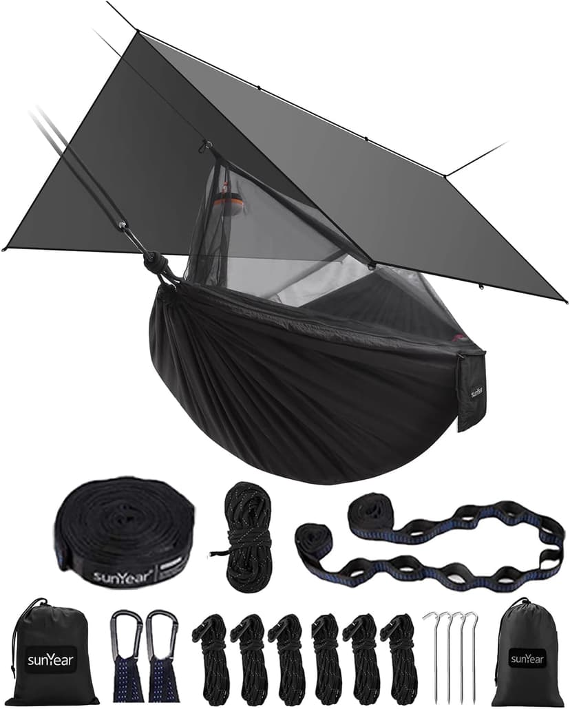 Sunyear Hammock Camping with Rain Fly Tarp and Net, Portable Camping Hammock Double Tree Hammock Outdoor Indoor Backpacking Travel & Survival, 2 Tree Straps,100% Waterproof