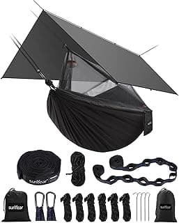 Sunyear Hammock Camping with Rain Fly Tarp and Net, Portable Camping Hammock Double Tree Hammock Outdoor Indoor Backpacking Travel & Survival, 2 Tree Straps,100% Waterproof