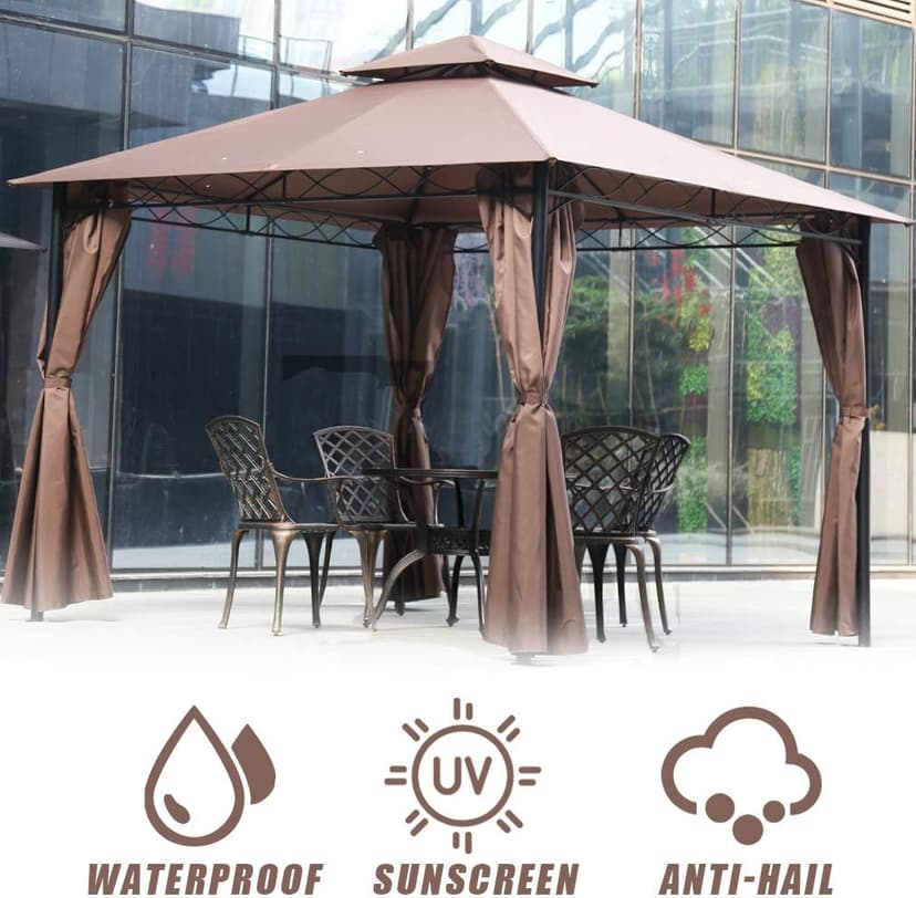 10'x10' Outdoor Patio Gazebo Heavy Duty Steel Frame Canopy with Double Roof, Privacy Curtains, for Garden, Backyard, and Lawn (Brown)