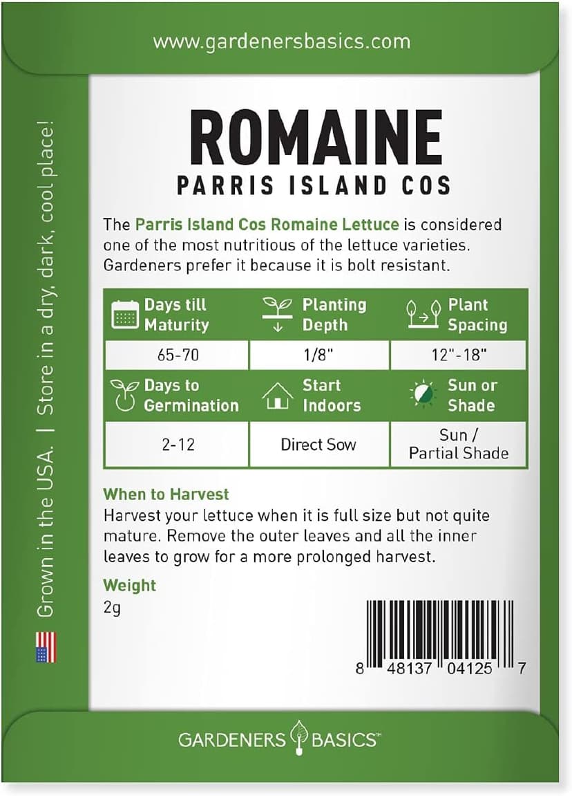Gardeners Basics, Romaine Lettuce Seeds for Planting - Parris Island Cos Heirloom, Non-GMO Vegetable Variety- 2 Grams Seeds Great for Spring, Summer, Fall, Winter Garden and Hydroponics