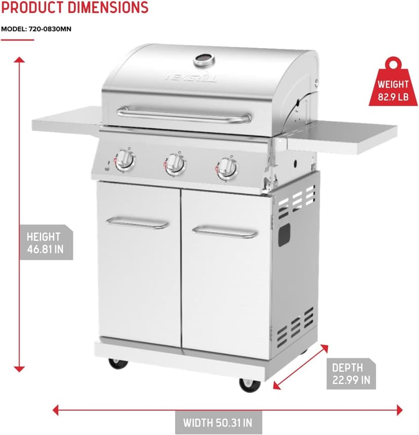 Nexgrill Stainless Steel 3-Burner Propane Gas Grill w/Foldable Side Shelves, 40,500BTUS, 591.05 sq. in. Cooking Area, Perfect for Outdoor Cooking & Grilling, BBQs, Backyard, Tailgating, 720-0830MN