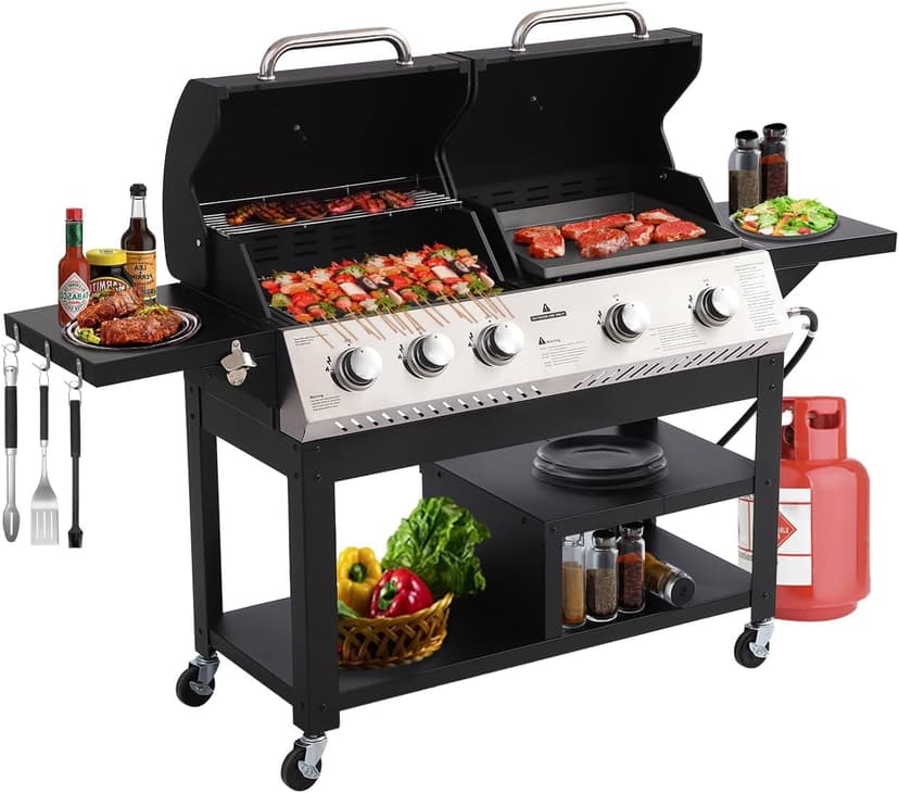 5-Burner Propane Gas Grill,griddle grill combo Double Grills with Storage space,54,000 BTU 627 SQ.IN.Output Stainless Steel Grill for Outdoor Cooking Kitchen, Garden and Patio Backyard Barbecue