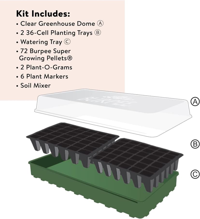 Burpee Greenhouse Indoor Starting Herbs, Flowers and Vegetables | Includes Dome, Watering, Seed Starter Tray, Coir Pellets | 10" W x 20" L x 5" H, One Size, 1 Kit (72 Cells)