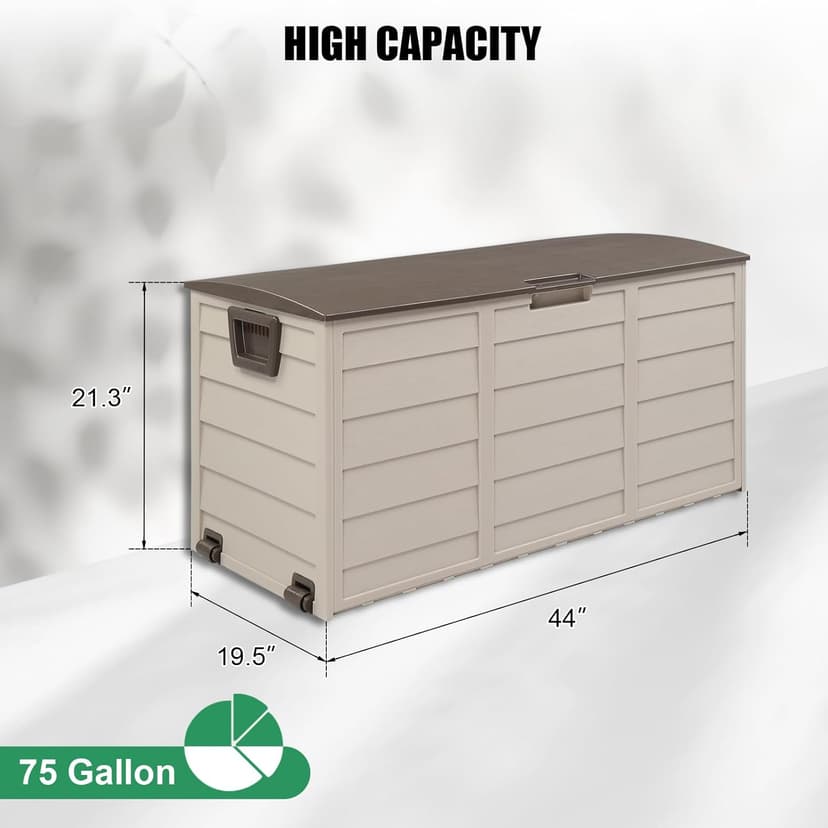 VINGLI 75 Gallon Outdoor Storage Box, Patio Deck Box Furniture with Rolling Wheels, Plastic Storage Containers with Lockable Design, For Garden, Yard, Balcony (Brown)