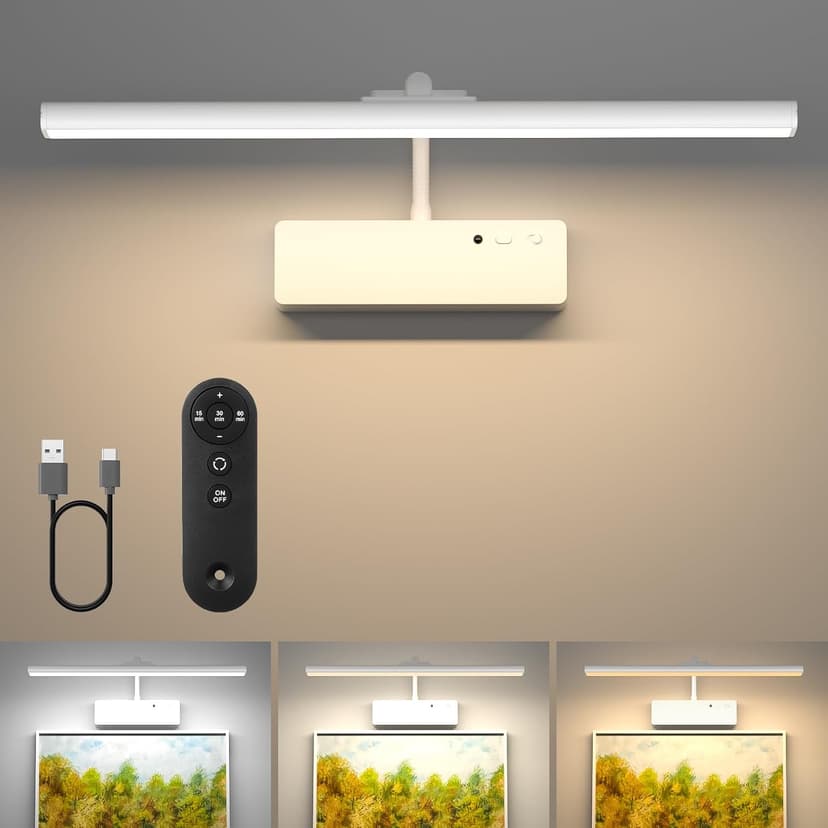 Picture Light with Remote, 15.35inch Wireless Rechargeable Battery Wall Light for Paintings, 3 Colors Paintings Light Dimmable and Timer Metal Art Light for Display, Wall, Artwork, Gallery (White)