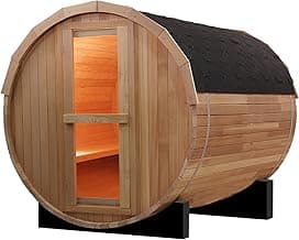 Outdoor Barrel Steam Sauna, 4-6 Person Wood Sauna Room with 6kw Toule Electric Heater with Sauna Stone, Canadian Helmock Wooden Sauna, Sauna Accessories and Asphalt Shingle Roof (Red Ceder)