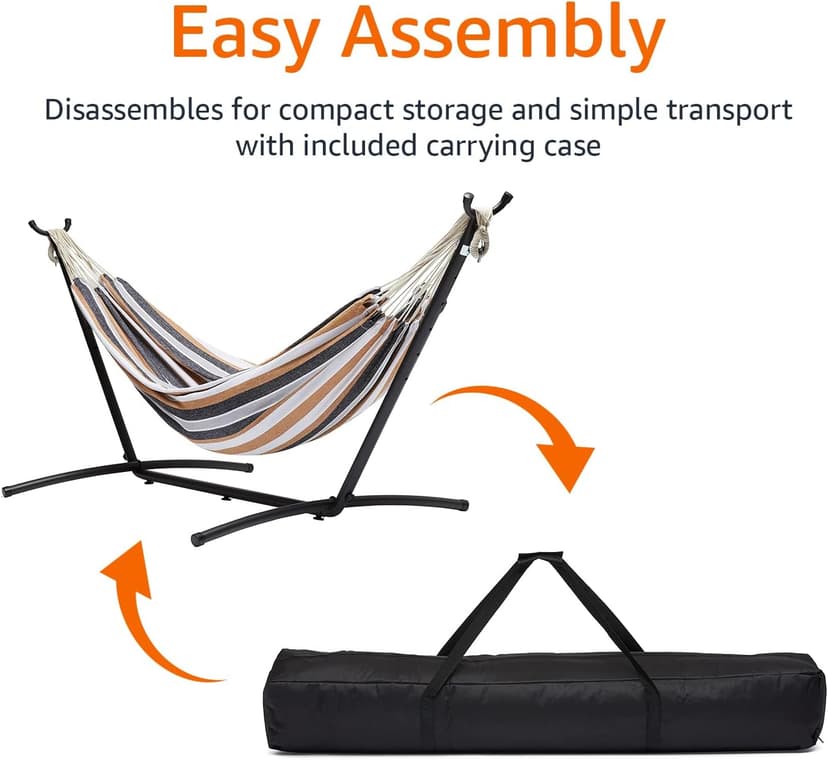 Amazon Basics Double 2 Person Heavy Duty Hammock with Space Saving Steel Stand and Carrying Case, 470lb Capacity, Multi Color, 118 x 46 x 39 inches