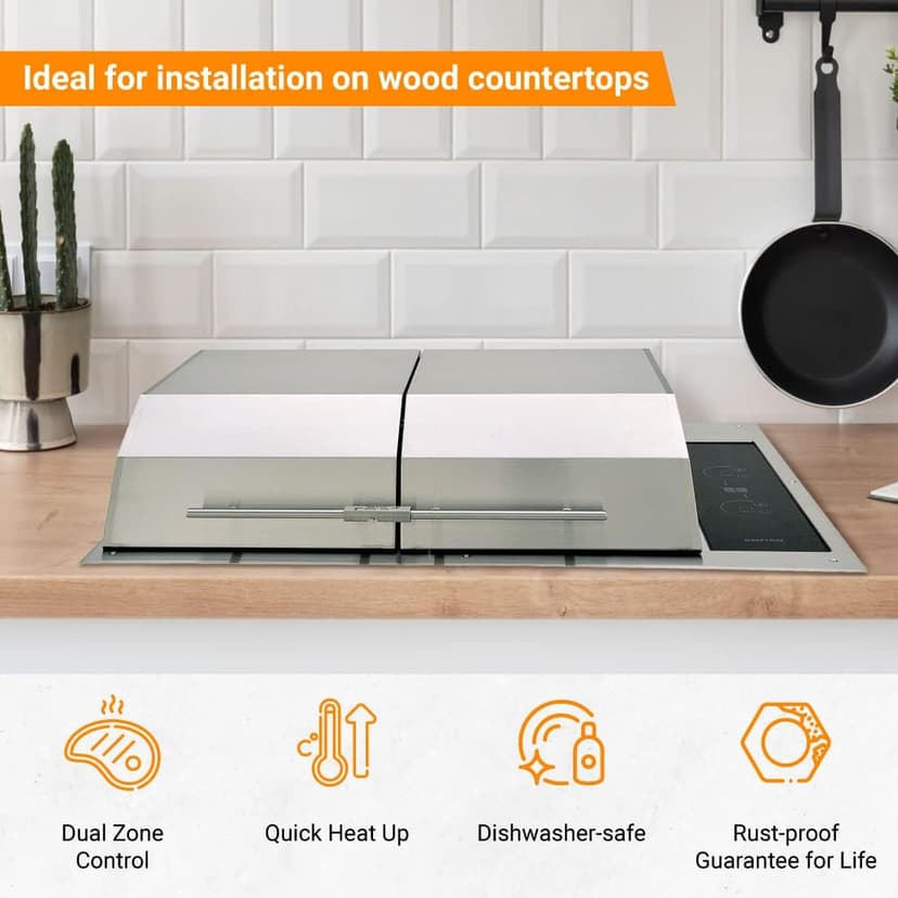 KENYON Texan Built-In Electric Grill, UL-Approved For Indoor And Outdoor Use, Stainless Steel Body, Rust-Proof Grill, Quick Heat Up, Alternative For Gas And Charcoal Grill, Dishwasher Safe Grates