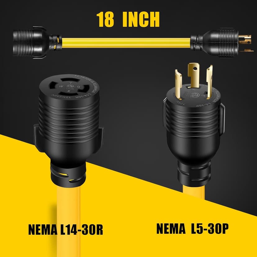 30 AMP Generator Transfer Switch Adapter Cord, Heavy Duty STW 10 Gauge NEMA L5-30P Male to L14-30R Female, 3 Prong to 4 Prong Generator Adapter Plug Twist Lock to House Inlet Box,1.5FT