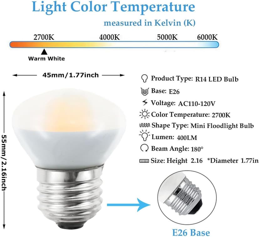 R14 LED Bulb Mini Reflector Flood Light Bulbs 4W(40W Equivalent) 2700K Warm White, Curio Cabinet Light Bulb, Non-Dimmable, E26 Base Short Light Bulbs, 4-Pack