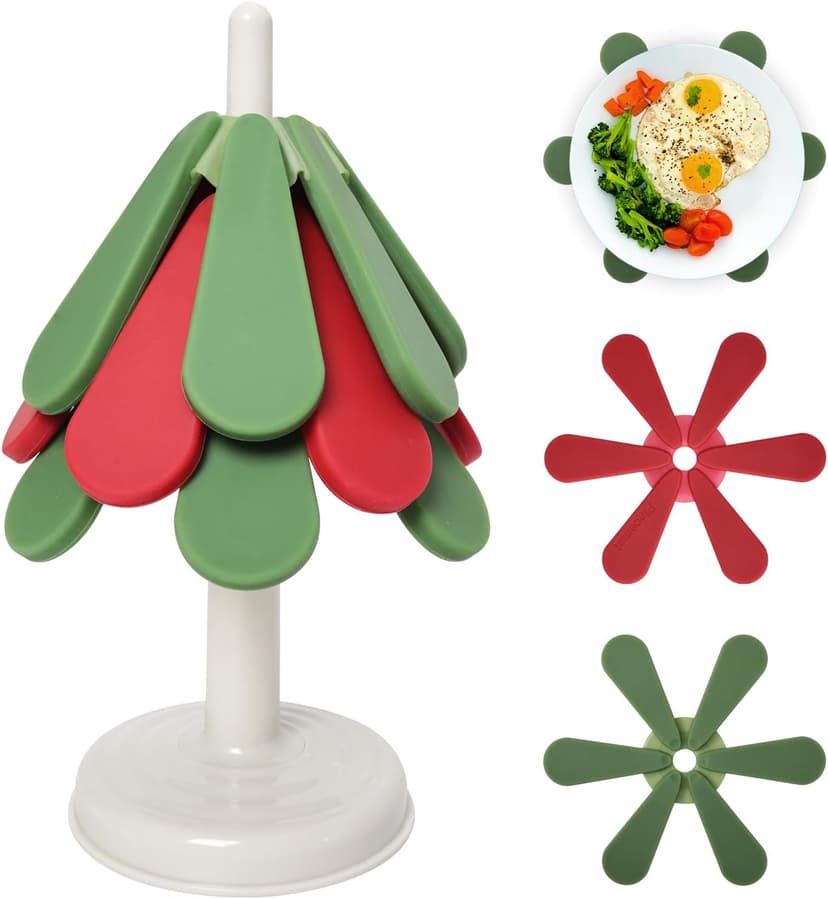 Silicone Trivets for Hot Dishes,Tree Shaped Trivets Set for Hot Pots and Pans, Tree Coasters/Tree Trivets,Hot Pads for Kitchen Decor and Accessories, 3 Pot Holders and 1 Stand (Christmas Round)