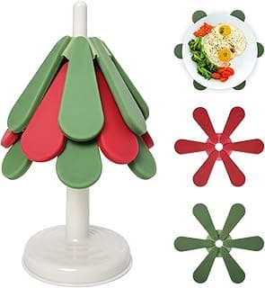 Silicone Trivets for Hot Dishes,Tree Shaped Trivets Set for Hot Pots and Pans, Tree Coasters/Tree Trivets,Hot Pads for Kitchen Decor and Accessories, 3 Pot Holders and 1 Stand (Christmas Round)
