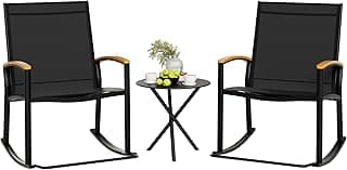 Shintenchi 3 Piece Outdoor Rocking Bistro Set, Textilene Fabric Small Patio Furniture Set, Front Porch Rocker Chairs Conversation Set with Table for Lawn, Garden, Balcony, Poolside (Black)