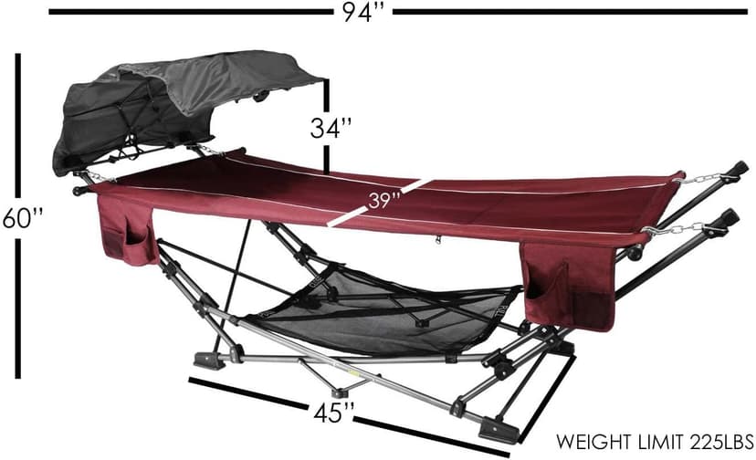 Zenithen Limited Portable Folding Metal Framed Hammock with a Retractable Canopy, Perfect for Camping, Patio, Outdoor, and Relaxing, Side Pockets Included, Red (Pack of 1)