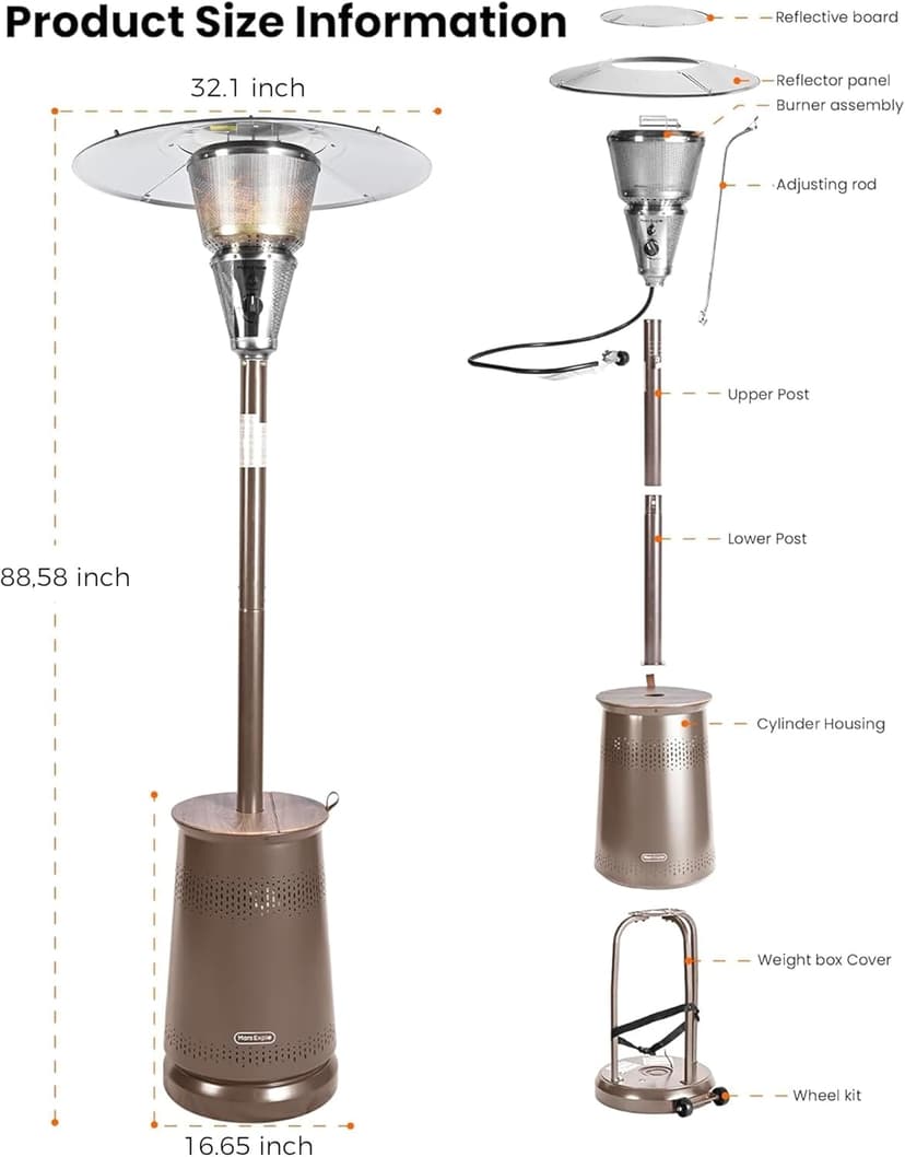 50,000 BTU Patio Heater for Outdoor Use With Adjustable Heat Focusing Top, Propane Patio Heater with Wheels, Stainless Steel Burner for Porch Garden Commercial Residential, Dark Brown