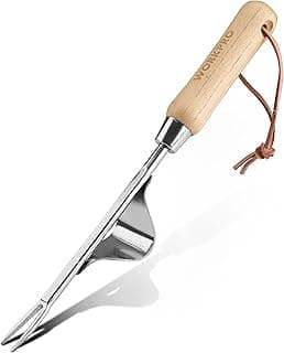 WORKPRO Weed Puller Tool, Metal Leverage Base and V-Shaped Forks for Easy Weed Removal & Deeper Root Digging, Heavy Duty Stainless Steel with Wood Handle, Manual Hand Weeder for Gardening