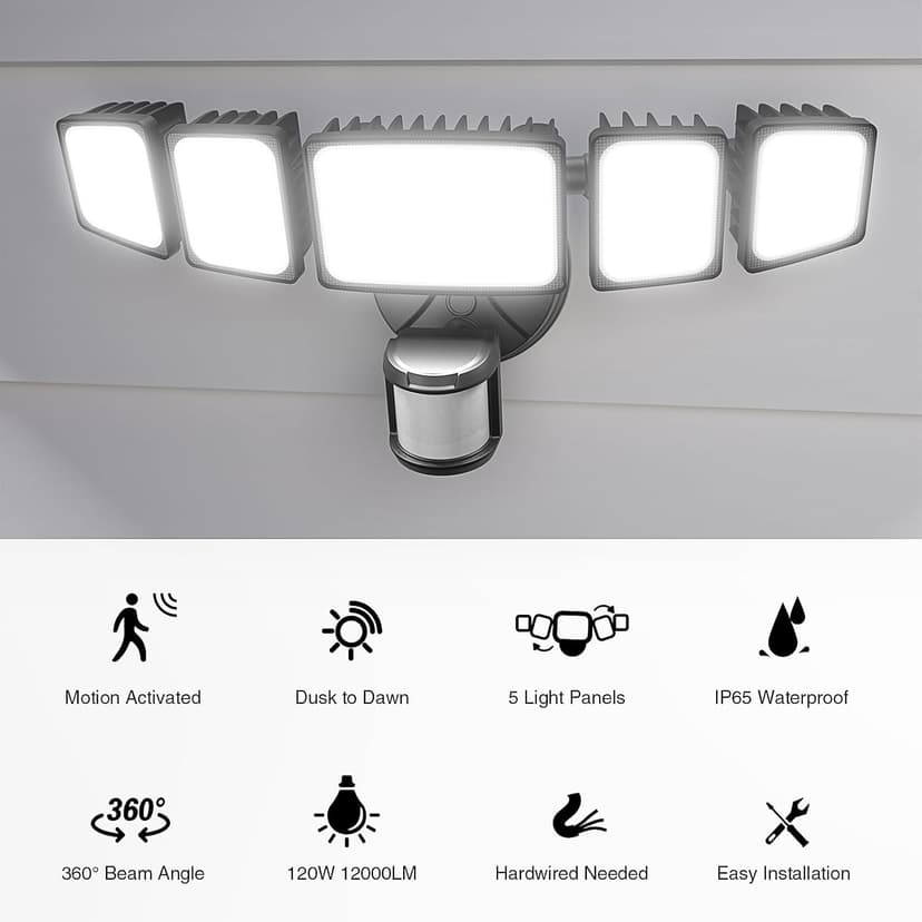 Onforu 120W 12000LM LED Security Lights Motion Sensor Outdoor, Dusk to Dawn Flood Lighting, 5 Heads 360° Wide Angle Illumination, 6500K IP65 Waterproof Hardwired Floodlight Motion Detection (Black)