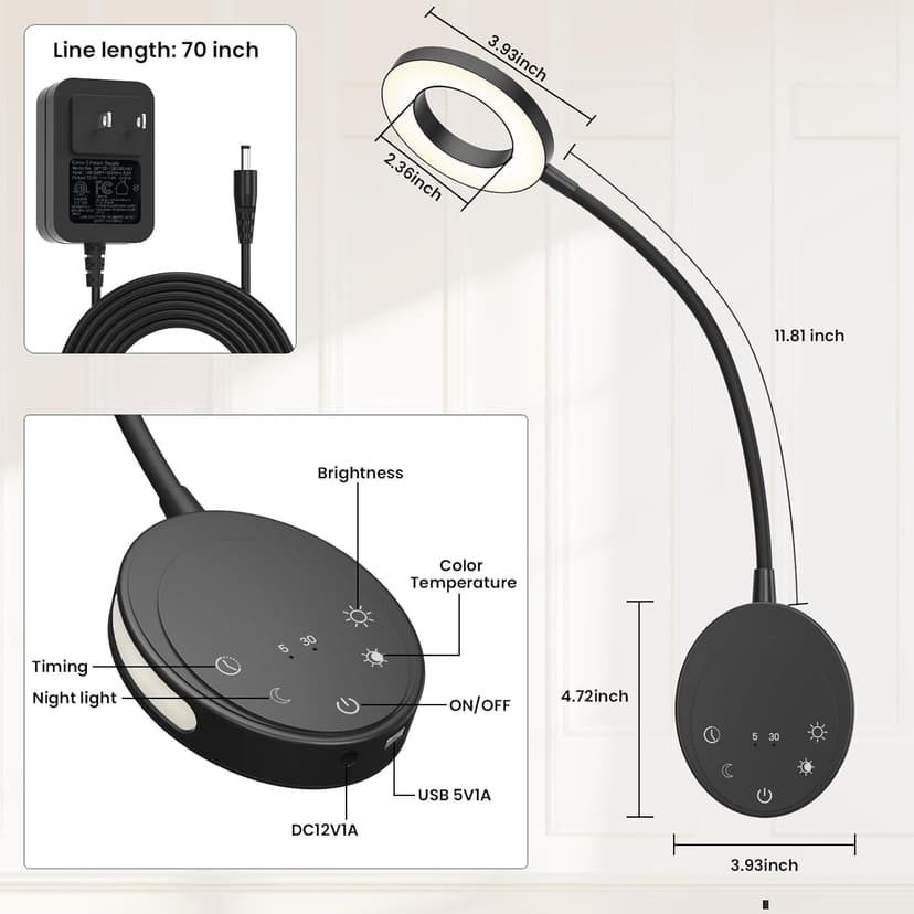 Wall Mounted Reading Light,Bedside Headboard Lights with 5 Color Temperature &5 Dimming,360°Flexible Gooseneck,USB Output, Night Light&Timer Function- Perfect for Reading (Black)