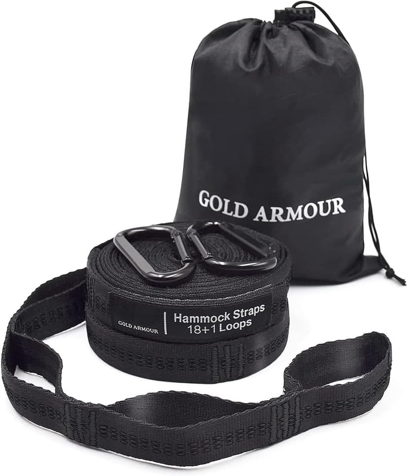 Gold Armour Hammock Straps XL Combined 20 Ft Long, 36 Loops with 2 Carabiners - Must Have Camping Hammock Accessories & Gear to Hang Camping Hammocks (Black with Black Stitching)