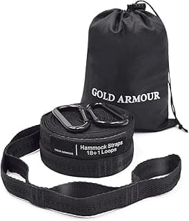Gold Armour Hammock Straps XL Combined 20 Ft Long, 36 Loops with 2 Carabiners - Must Have Camping Hammock Accessories & Gear to Hang Camping Hammocks (Black with Black Stitching)