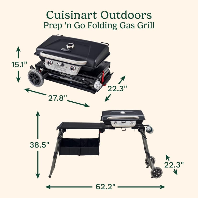 Cuisinart Prep ‘N Go Folding Gas Grill, Portable Stand-Up Propane Grill with Compact Fold and Storage Tote, Wheels and Side Table, 18,000 BTUs for Camping, Tailgating, Outdoor Cooking