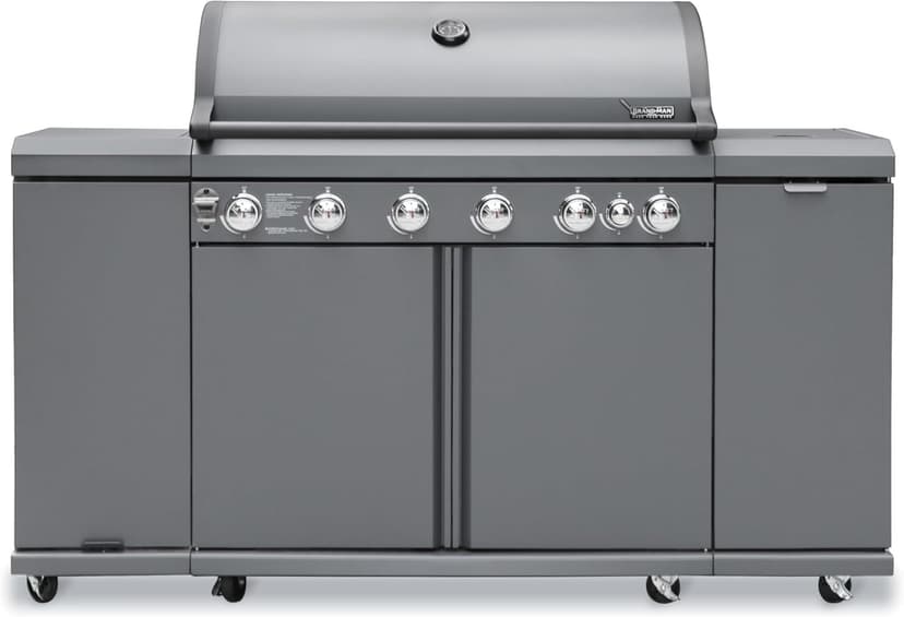 Brand-Man 6 Burner Gas Outdoor Kitchen Island Grill - 72,000 BTU Stainless Steel BBQ Grill Station with Side Burner, Storage Cabinets, Fold-out Prep Table, LPG/NG Convertible, Gray